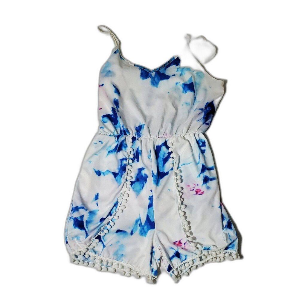 Gamiss Women’s White & Blue Romper100% Cotton Size L # 8